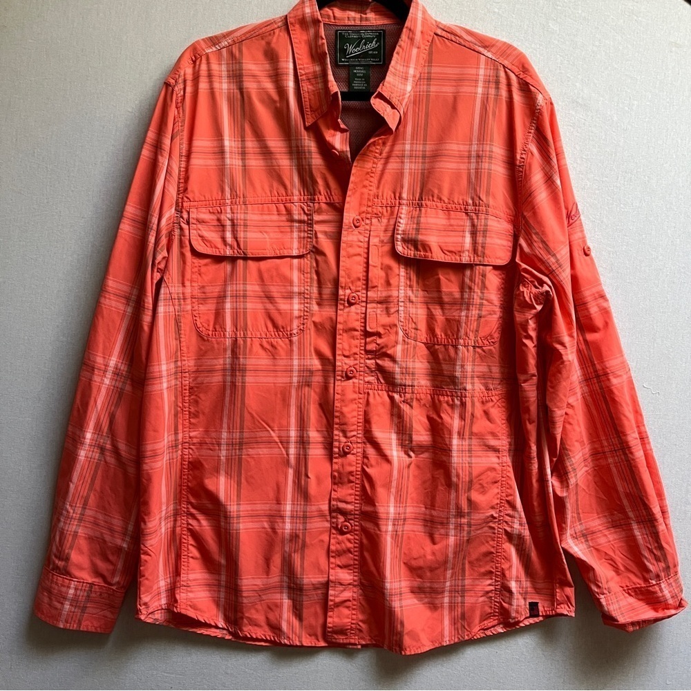 Woolrich Men's Coral Orange Plaid Vented Trail Hiking Shirt Long Sleeve Sz M